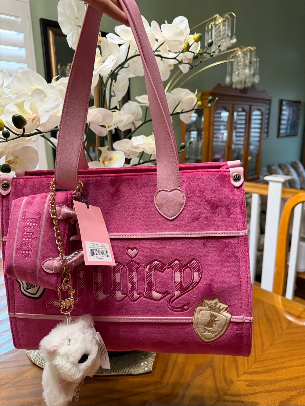 NWT Juicy Couture Fuchsia Suede Tote with matching pouch and Scottie charm